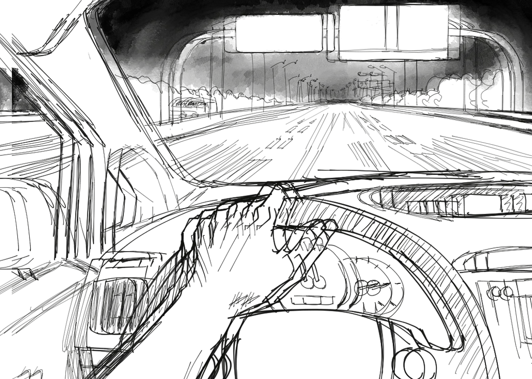Interior of a car at night, dashboard and road ahead